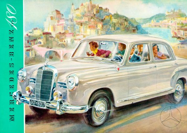 Mercedes-Benz 180 â€žPontonâ€œ (W 120), 1953 bis 1962. Titelseite des Prospekts von 1953 mit einer Zeichnung von Hans Liska.
